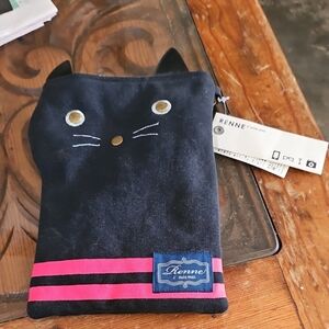 New Tags RENNE J'SUIS MOI Black Canvas Cat Face Phone Glass Pouch Pink Stripe